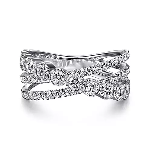 Beautiful 14K white gold criss cross lusso band with .99CTW diamonds in bezel/prong setting.