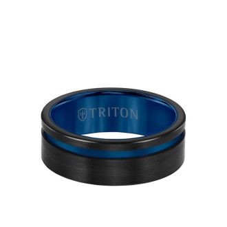 Triton Men's Wedding Band 8mm in Black Tungsten Carbide with Blue Cut