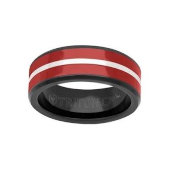 Classic modern wedding band with black and white tungsten inlay and striking red ceramic. 8 mm wide and sharp broken edge.