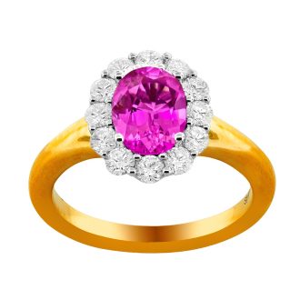 A shimmering 18K Gold band showcasing a beautiful halo of pink sapphire stones totaling .60CTW.