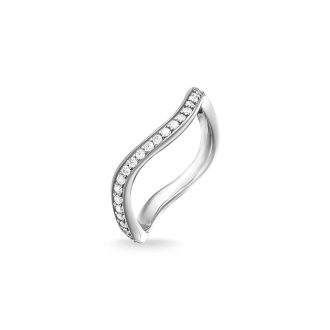 This Stunning Wave-shaped Ring Featuring White Sapphire Stones Set In Sterling Silver.