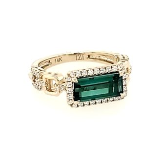 Beautiful 14k yellow gold halo ring featuring an astonishing emerald green tourmaline at its center with sparkling 0.25ctw diamonds set into square link sides.