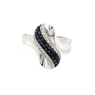 Sparkling, rounded diamond ring featuring a unique, twisted, 14k white gold band.