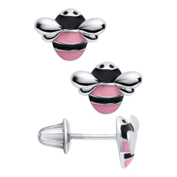 Cute and unique enamel bumblebee stud earrings with bright pops of pink and black.