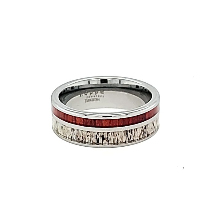 A men's wedding band with intricate 8mm inlay of antler and blood wood, a unique and stunning addition for that special day.