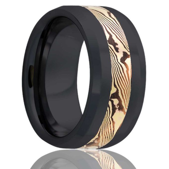 Stylish black zirconium ring with mokume gane inlay, beveled edge, size 11.