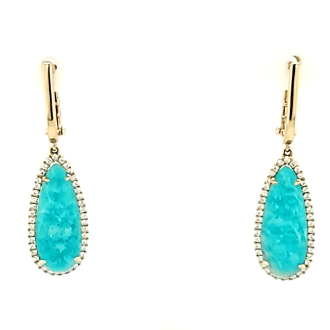 Gleaming 18K yellow gold earrings with dazzling Amazonite gems and delicate twinkling diamond accents.