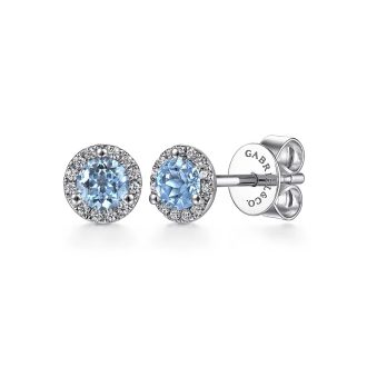 Gabriel Halo Earrings with Blue Topaz and .09ctw Round Diamonds in 14k White Gold