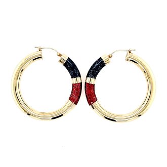 , fashionable hoop earrings with blue and red enamel, 5mm tube size for everyday wear.