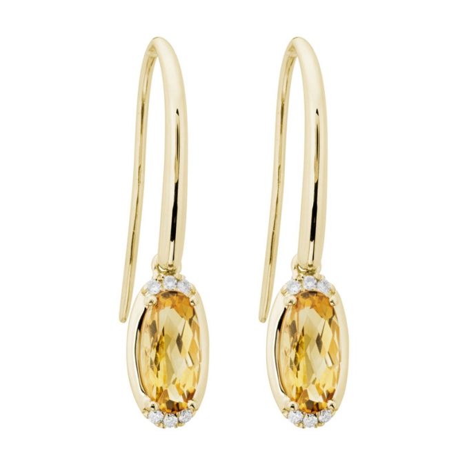 Drop Earrings with Oval Citrine and .07ctw Round Diamonds in 14k Yellow Gold