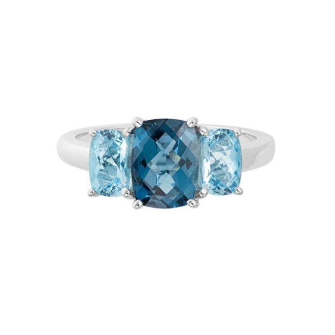 3 Stone Fashion Ring with London Blue and Sky Blue Topaz in 14k White gold