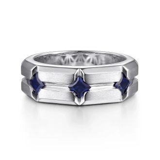 Gabriel Men's Ring with Princess Cut Sapphires in Sterling Silver