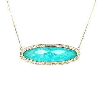Sparklingly beautiful 18k gold necklace with oval quartz amazonite center and diamond halo. A perfect statement piece!