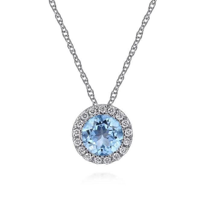 Gabriel Halo Necklace with Blue Topaz and .06ctw Round Diamonds in 14k White Gold