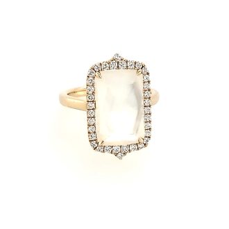 Gorgeous halo ring featuring 0.36ctw brilliant round diamond surrounded by 18K Yellow Gold bezel setting with petite white mother of pearl inlay.