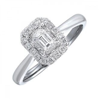 Halo Engagement Ring with .25ctw Emerald Cut and Round Diamonds in 14k White gold