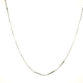 A secure silver colored stainless steel necklace with a bar and bead design, and a spring clasp closure.