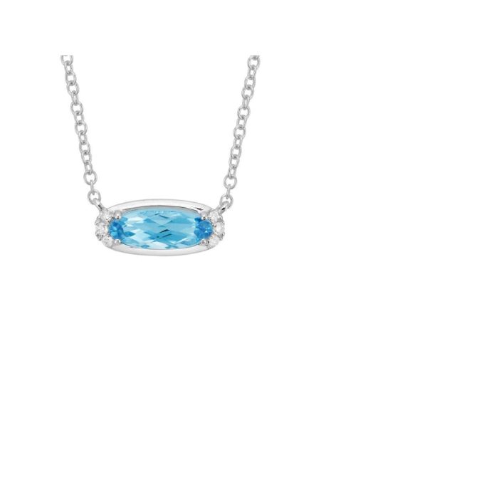 Fashion Necklace with Oval Blue Topaz and .05ctw Round Diamonds in 14k White Gold