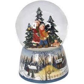 Enchanting Snow globe Children traverse through a magical Forest of pine trees and misty snow.