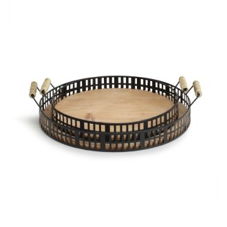 Stylish, round tray with black metal frame and wooden top, perfect for serving food and drinks.