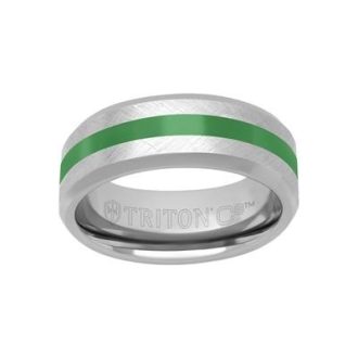 Durable and stylish 8mm bevel edge mens wedding band with green ceramic center inlay.