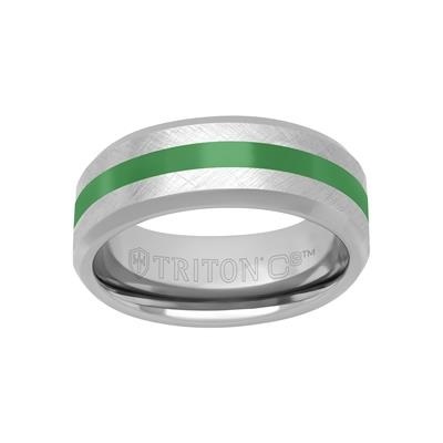 Durable and stylish 8mm bevel edge mens wedding band with green ceramic center inlay.