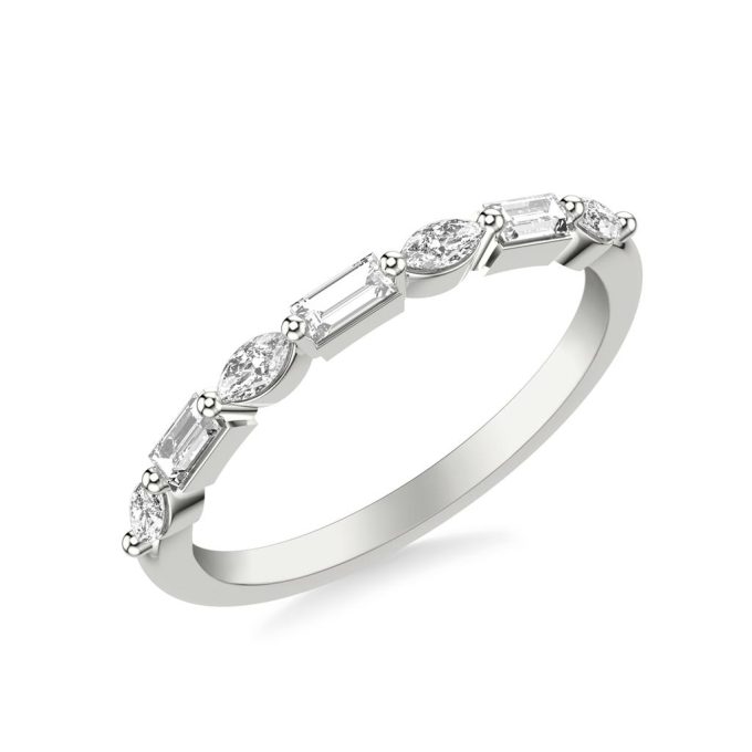Delicate, classic 14K white gold wedding band featuring 3 round brilliant diamonds with a total carat weight of 0.38ctw.
