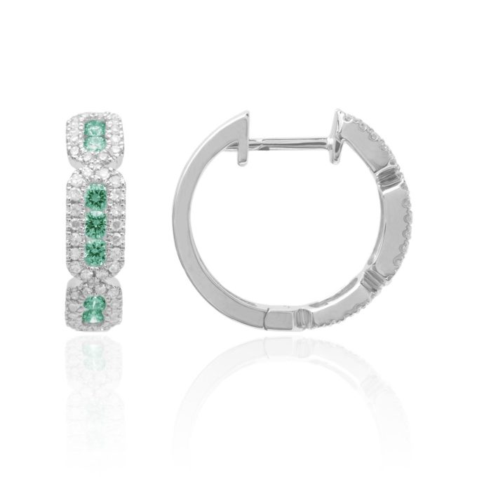 Hoop Earrings with Emeralds and .25ctw Round Diamonds in 14k White Gold