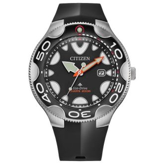 A stylish and sporty watch with an orange face, black polyurethane strap, and dive-ready features.