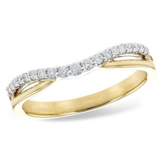 Elegant 14K yellow gold curved split shank wedding band with 0.17 carat diamonds.