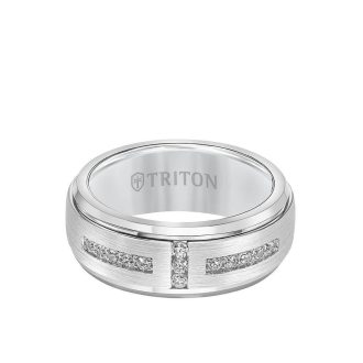 Triton Men's Wedding Band 9mm White Tungsten Carbide Satin/Diamond Center .30ctw