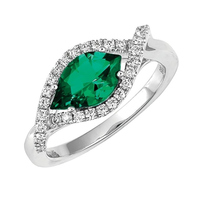 Chatham Lab-Created Halo Emerald Ring with .25ctw Round Diamonds in 14k White Gold