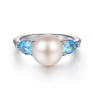 Gabriel Ring with Cultured Pearl and Blue Topaz in Sterling Silver