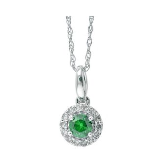 Halo Fashion Necklace with Emerald and .08ctw Round Diamonds in 10k White Gold