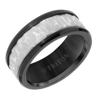 Triton Men's Wedding Band 9mm in Black Tungsten Carbide with Gray Sand Blasted Textured Center