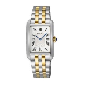 This elegant timepiece features a distinct rectangular face with Arabic numerals for a classical feel. It's brought up to date with stainless steel casing. Giving it a quirky edge, the watch hands are colored vibrant blue. Ideal for formal events, it's a perfect mix of traditional and modern in one accessory.