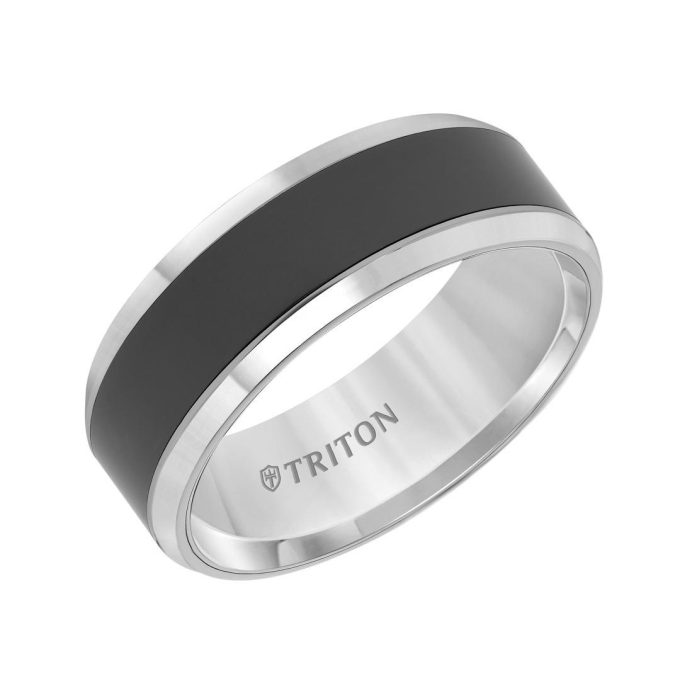 Triton Men's Wedding Band 8mm in Gray Tungsten Carbide with Black Ceramic Inlay