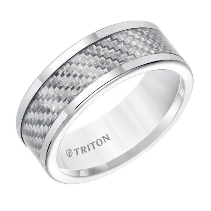 Triton Men's Wedding Band 8mm in White Tungsten Carbide with Black Carbon Fiber Insert Center