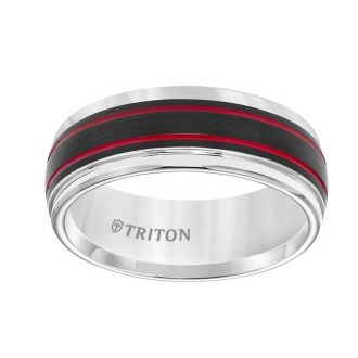 Triton Men's Wedding Band 8mm in White Tungsten Carbide with Black Matte Center/Fire Red Stripes