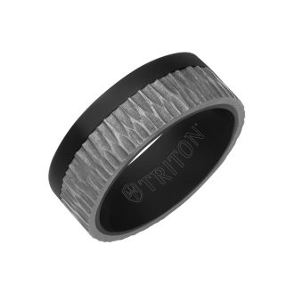 A sleek, masculine ring, finished in pitch black, composed of exceptionally durable Tantalum material. Measured at 8mm wide, featuring affluence with a gray inlay beautifully contrasting and it is meticulously brushed at the center. Ideal for those seeking a hallmark of enduring resistance, bold style, and aesthetics, making every occasion memorable and every outfit glisten.