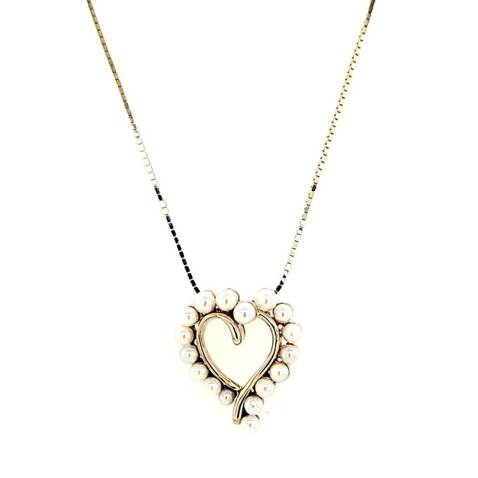 Beautiful 14K yellow gold box chain necklace with a pearl heart pendant, perfect for any occasion.