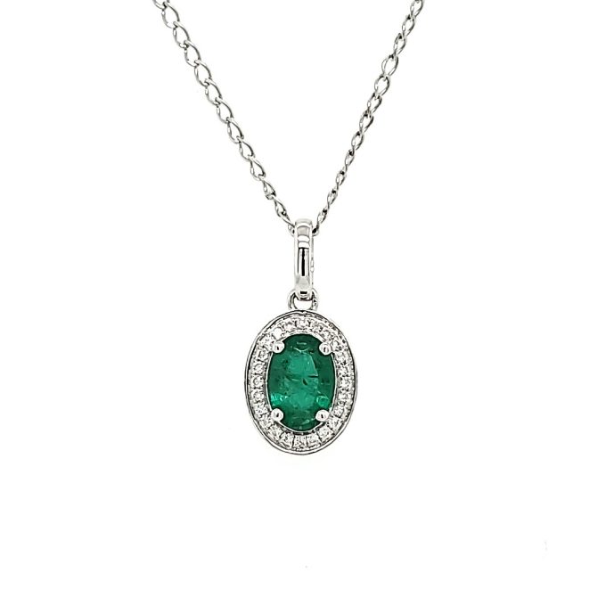 Halo Fashion Necklace with Oval Emerald and .08ctw Round Diamonds in 18k White Gold