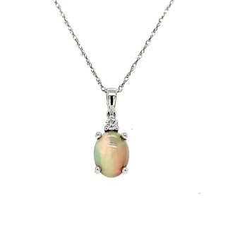 Fashion Necklace with Opal and .04ctw Round Diamond in 14k White Gold
