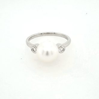 Fashion Ring with Cultured Pearl and .17ctw Round Diamonds in 14k White Gold