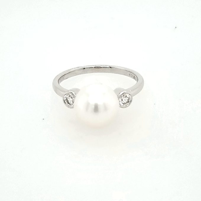 Fashion Ring with Cultured Pearl and .17ctw Round Diamonds in 14k White Gold
