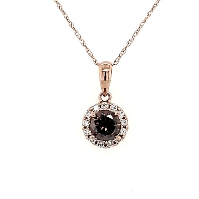 Halo Necklace with .45ct Fancy Cognac Brown Diamond in 14k Rose Gold