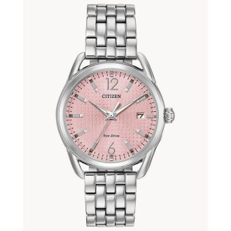 This elegant wrist accessory features a soft pink dial with date function encased in a sleek stainless steel frame. Lightweight with timeless charm, perfect for ladies who prefer sophistication and practicality. This watch is the ideal accompaniment to any dress attire for that special night out or everyday elegance.