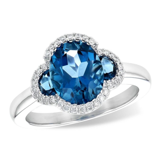 Fashion Ring with London Blue Topaz and .16ctw Round Diamonds in 14k White Gold
