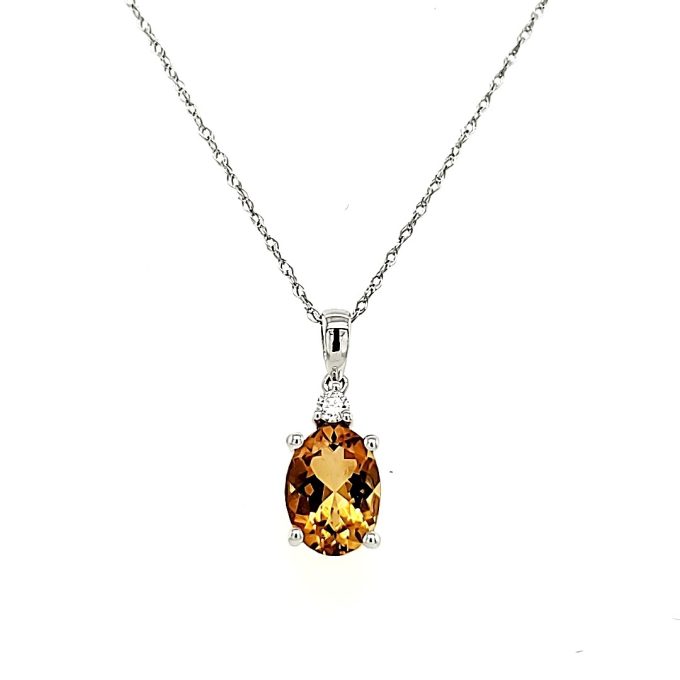 Fashion Necklace with Oval Citrine and .04ctw Round Diamonds in 14k White Gold