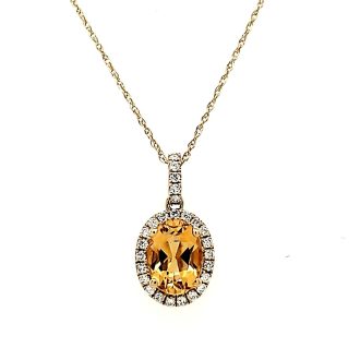 Halo Fashion Necklace with Oval Citrine and .17ctw Round Diamonds in 14k Yellow Gold